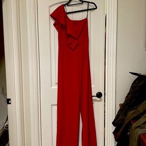 Black Halo Snap Dragon Red off the shoulder jump suit!